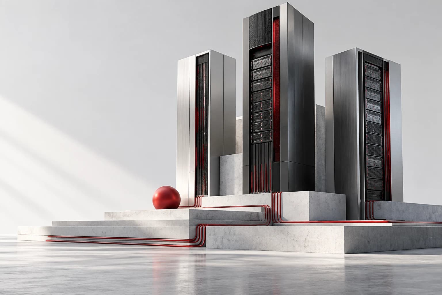 Architectural illustration of connected server towers with Smatrace red accents